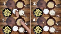 four pictures showing how to make an appetizing dish with olives and cream