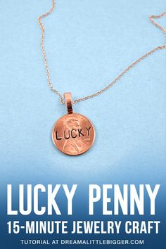 lucky penny necklace with the words lucky penny on it's front and back side