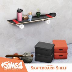 the skateboard shelf is decorated with toys