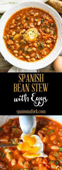 spanish bean stew with eggs in a white bowl