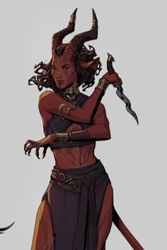 a drawing of a woman with horns holding two knives in one hand and an arm wrapped around her body