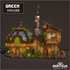 the green house is made out of wood and has plants growing on it's roof