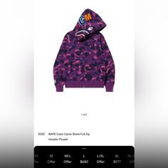 Bape Hoodie Purple Brand New! Size Large But Fits Like A Medium Bape Full Zip Hoodie, Bape Purple, Bape Sweater, Bape Shark Hoodie, Bape Jacket, Double Hoodie, Bape Shark, Bape Hoodie, Shark Hoodie