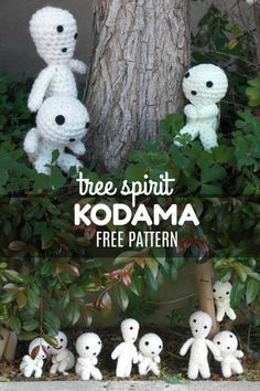 crocheted stuffed animals sitting in front of a tree with the words free spirit kodama on it