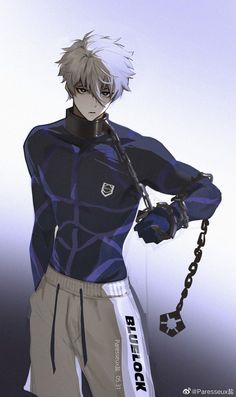 an anime character with white hair and blue shirt holding a chain in his right hand