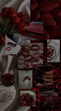 a collage of photos with red flowers and wine glasses on the bottom right hand corner