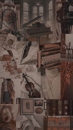 a collage of pictures with musical instruments and other things on it, including books