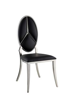 a black and silver chair with a circular back