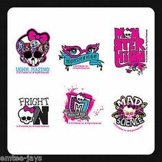 six stickers with different designs on them in pink, blue and purple colors are shown