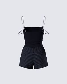 She's chic or whatever 😌 Be ready to slay any occasion in this two-piece set featuring a black strappy chain top and black pinstriped shorts 🖤 Chic Club Shorts For Spring, Summer Night Out Tops With Built-in Shorts, Tops With Built-in Shorts For Summer Night Out, Black Summer Club Shorts, Summer Tops With Built-in Shorts For Night Out, Chic Club Shorts For Summer, Chic Summer Club Shorts, Summer Short Length Tops For Date Night, Short Length Tops For Date Night In Summer