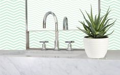 a potted plant sitting on top of a sink next to a faucet