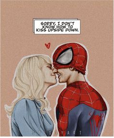 a drawing of a spider man kissing a woman's face with the caption sorry i don't know how to kiss upside down