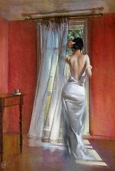 a painting of a woman standing in front of a window looking out at the outside