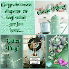 a collage of pictures with flowers, teapot and other things in them that are green