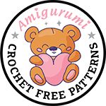 the logo for amigurni crochet free patterns, with a teddy bear holding a pink heart