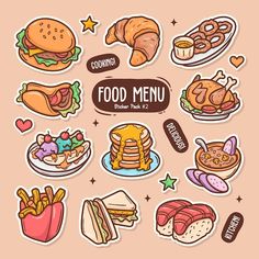 a set of food stickers on a pink background