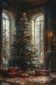 a christmas tree in a room with windows