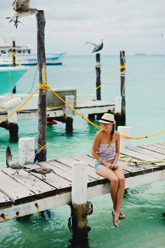 a woman sitting on a dock with seagulls and boats in the background