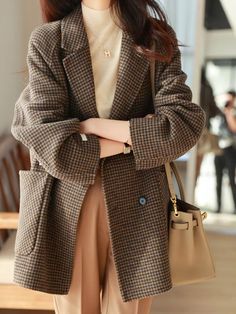 Women Autumn Casual Loose Woolen Coat Long Sleeve Plaid Elegant Business Blazer Jackets Femme Fashion Streetwear Clothes New Classic Clothing Style, Tweed Coat Women, Long Winter Jacket, Mode Mantel, Plaid Wool Coat, Medium Coat, Streetwear Mode, Streetwear Clothes, Wool Coat Women