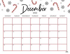 a december calendar with candy canes and snowflakes on the top of it