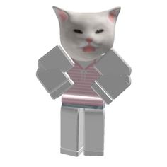 a white cat wearing a pink shirt and grey pants with its eyes closed, standing in front of a white background