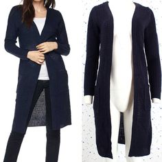 Color: Navy 100% Acrylic Waffle Knit Sweater Cardigan Duster, Long Line Length Open Front Pockets Approximate Measurements (Flat Lay): Bust: S-18 / M-19 / L-20 Length: 38-39 * Color May Vary Due To Screen Display Setting. More Colors Available. #1310-331 Blue Cardigan For Winter Layering, Blue Winter Cardigan For Layering, Blue Textured Knit Long Sleeve Cardigan, Blue Textured Knit Long-sleeve Cardigan, Blue Open Knit Winter Cardigan, Fitted Blue Open Knit Cardigan, Winter Blue Open Knit Cardigan, Blue Open Front Cardigan For Winter, Blue Open Knit Long Sleeve Cardigan