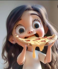 a cartoon character holding a slice of pizza with cheese on it's face and mouth