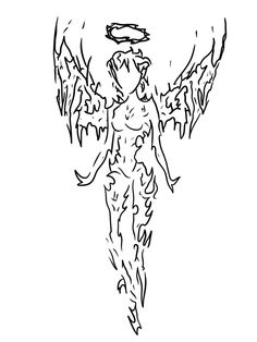 an angel with wings drawn in black ink on a white background, it looks like he is