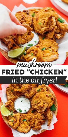 fried chicken in the air fryer is served on a plate with lime wedges