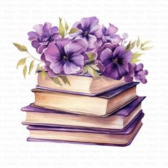 watercolor painting of purple flowers on top of two books with green leaves and stems