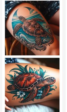 two pictures of tattoos with turtles and flowers on the side of their legs, one is in