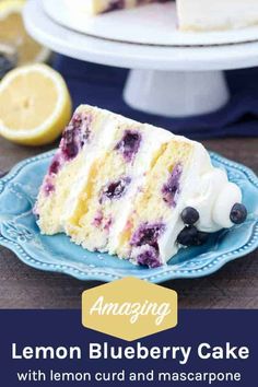 lemon blueberry cake with lemon curd and mascarpone frosting on a plate