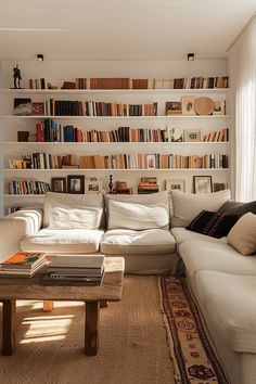 a living room filled with furniture and bookshelves next to a wall full of books