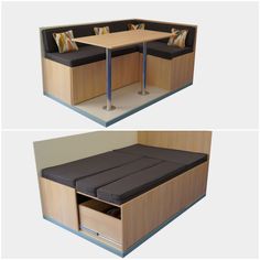 two images show the same bench and table in different stages of being built into each other