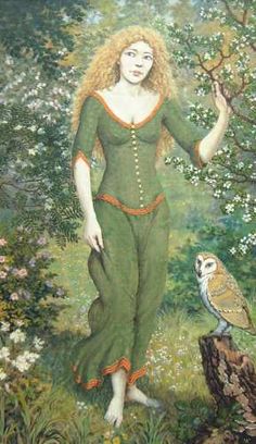 a painting of a woman holding an owl in her hand and standing next to a tree