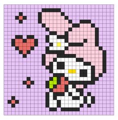 an image of a hello kitty pixel art on a purple background with pink and black squares