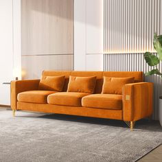 an orange couch sitting on top of a rug next to a potted plant