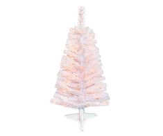 a small white christmas tree on top of a metal stand in front of a white background