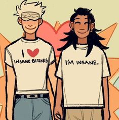 two people standing next to each other wearing t - shirts that say i love them