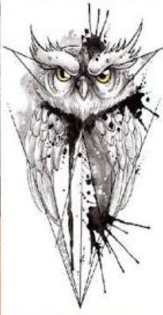 an owl with yellow eyes and wings on it's head is drawn in black ink