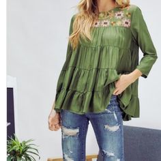 Cute Embroidered Yoke With Layered Ruffles. 3/4 Sleeves With Button Close. 3 Button Back Closure. Pretty Green Fabric Has A Little Shine, 75% Rayon & 25% Polyester. Embroidered Green Blouse For Fall, Curved Hem Shirt, Yoke Top, Babydoll Blouse, Tan Plaid, Kimono Pattern, Velvet Lace, Pretty Green, Striped Tie