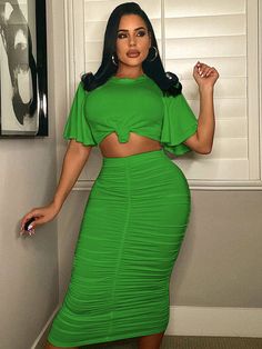 Material:71-80%Polyester. Features:Short ruffle sleeve. crew neck. solid color. crop top. ruched midi skirt.Style:Casual. Ruched Midi Skirt, Bodycon Midi Skirt, Multi Dress, Summer Pattern, Custom Size Dresses, Short Sleeve Cropped Top, Plus Size Shorts, Long Sleeve Bodycon, Green Skirt