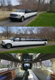 the limo is parked on the side of the road in front of some trees and grass