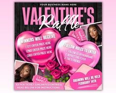 valentine's day flyer with two pink hearts and roses on the front, one is for