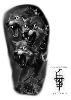 an arm tattoo with two wolfs on it