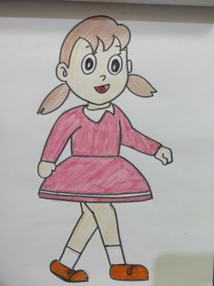 a child's drawing of a girl in a pink dress and orange shoes with her hands on her hips