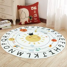 a child's room with a rug that says, i love you to the moon and back