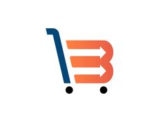 an orange and blue shopping cart with the letter e in it's center, on a white background