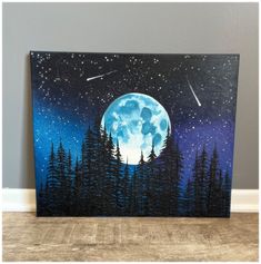 a painting of a full moon with trees in the foreground and stars in the background