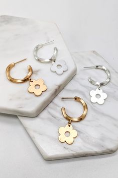 Hoop Flower Earrings-Jewelry - Earrings-My Girl in LA-Peachy Keen Boutique, Women's Fashion Boutique, Located in Cape Girardeau and Dexter, MO Flower Earrings Gold, Silver Flower Earrings, Flower Earrings, Gold Earrings, Silver Earrings, Jewelry Earrings, Flowers, Silver, Gold